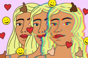 Woman illuminated by a phone screen surrounded by social media icons